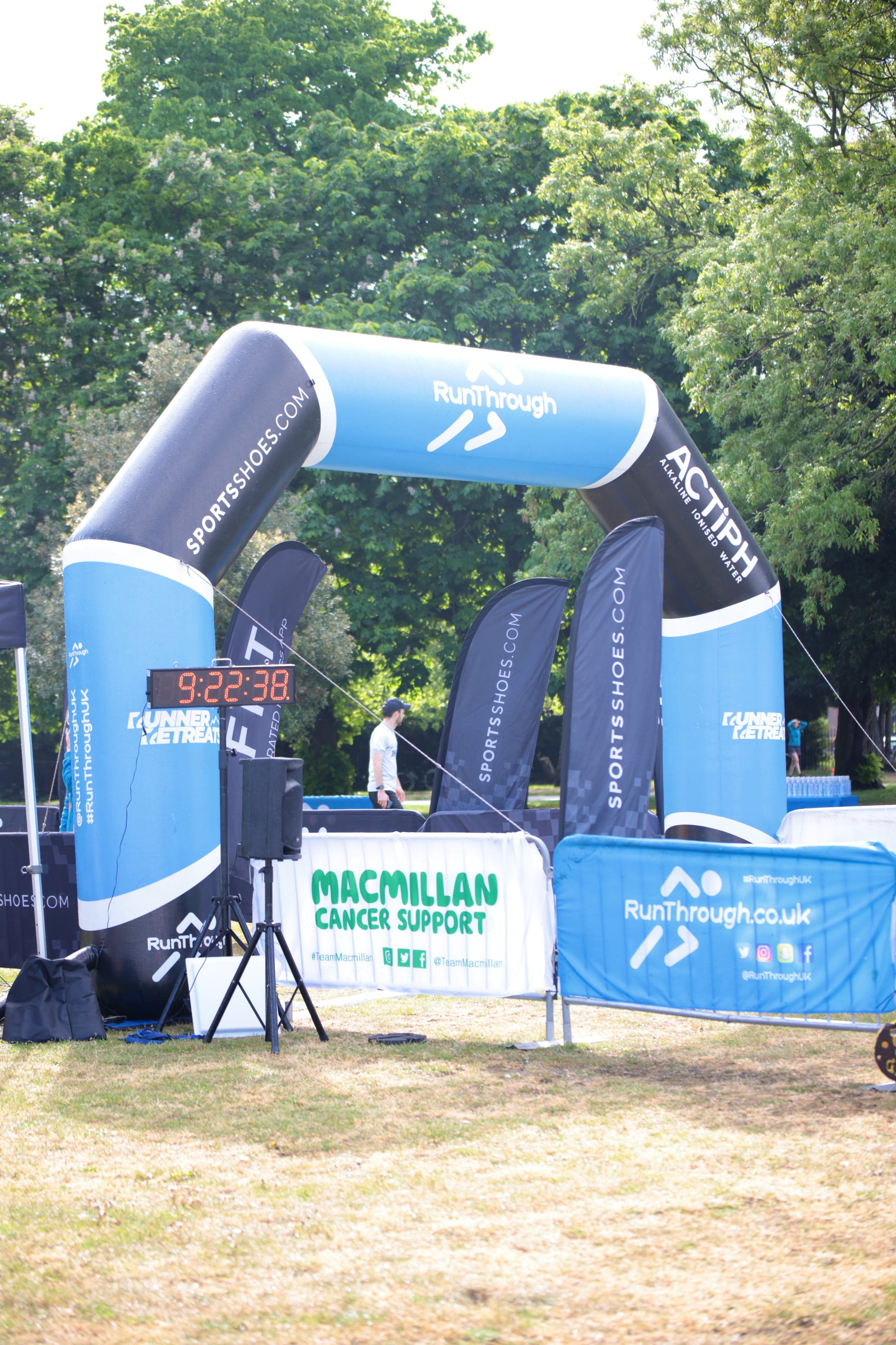 The RunThrough finish arch and race clock set up before the start