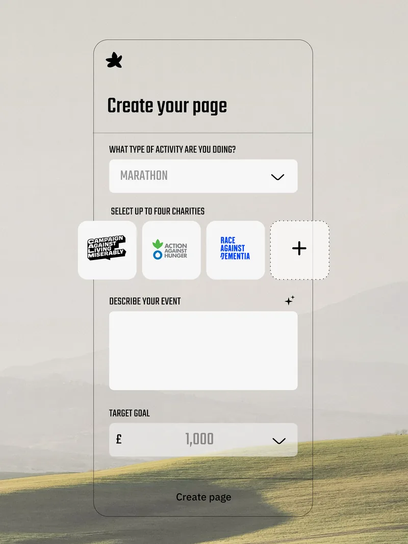 Creating a givestar page: choose your activity, up to four charities and a target