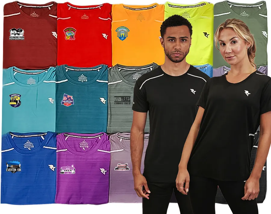 RunThrough event T-shirts in a range of colours, worn by two runners