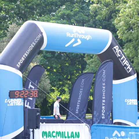 The RunThrough finish gantry and race clock
